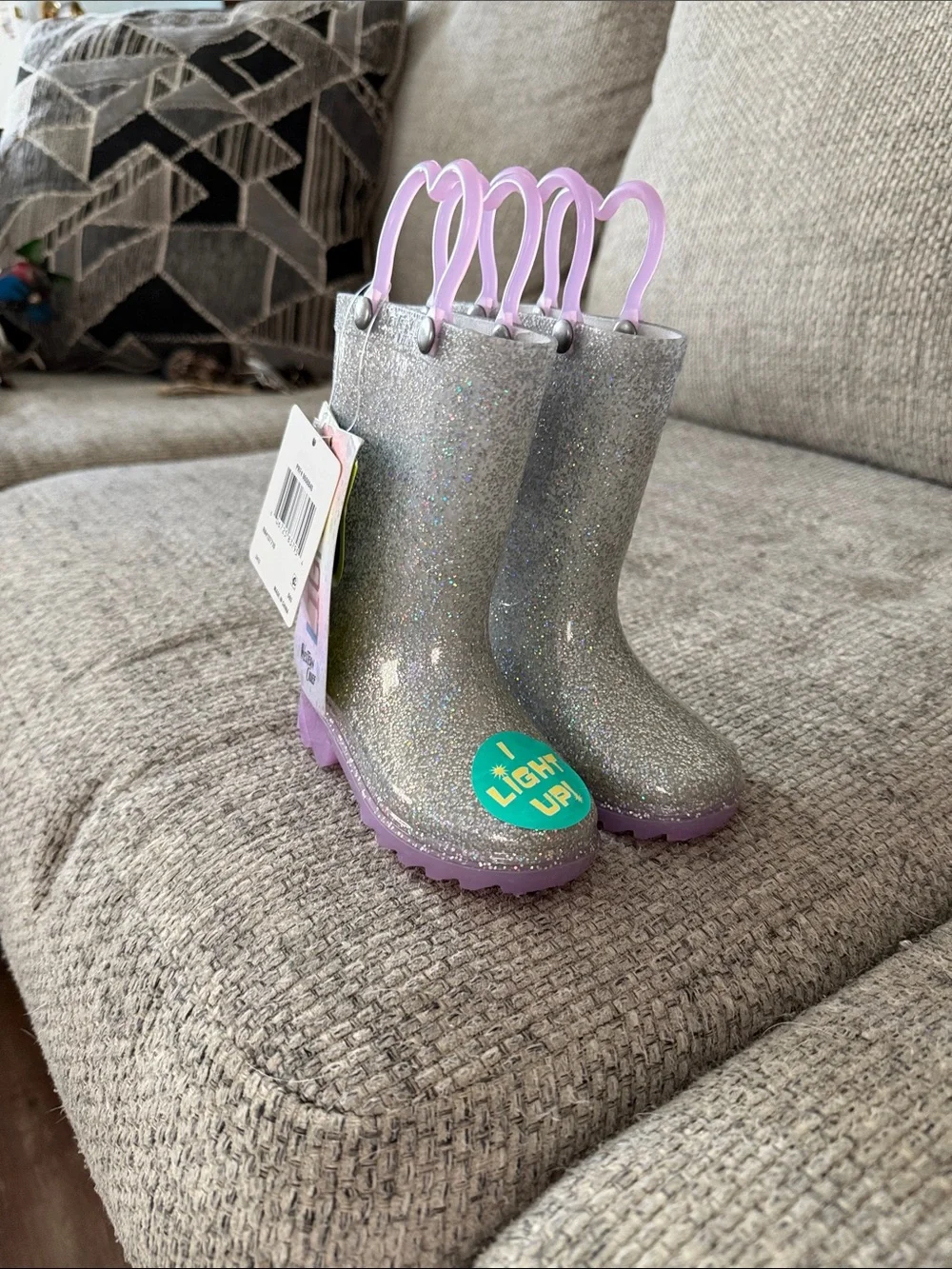Western Chief Silver Glitter Rain Boots with Lavender Handles and Soles